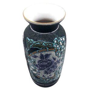 Vintage Sukhothai Floral Handpainted Textured Porcelain Vase Oriental Flared Top